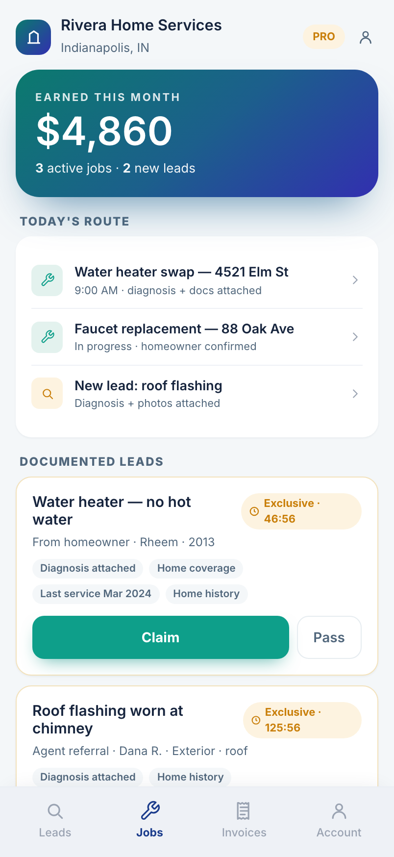 Contractor home: earnings this month, documented leads, ratings, and pipeline