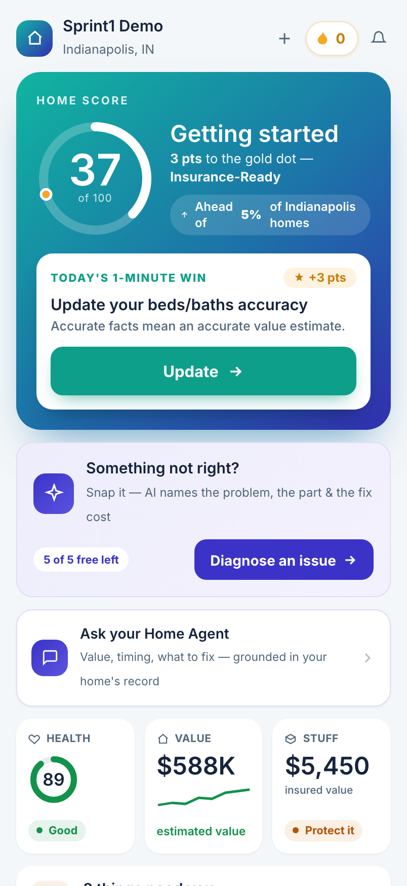 Homeowner home: Home Score ring, today's win, diagnose, and the health/value/inventory vitals